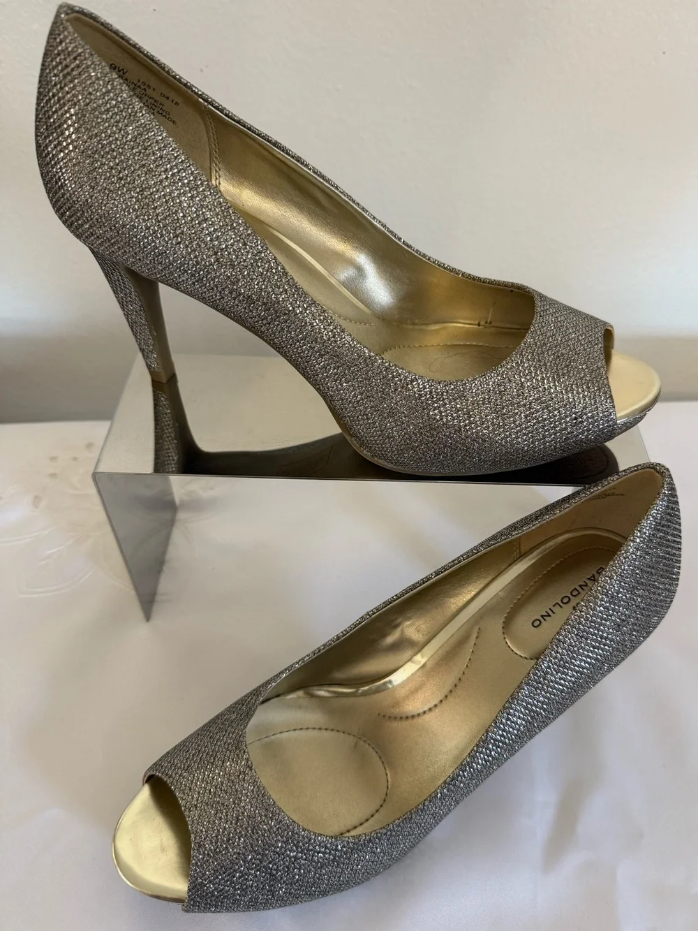 Bandolino Silver Glitter Peep-Toe Stiletto Heels, available in size 9 wide.